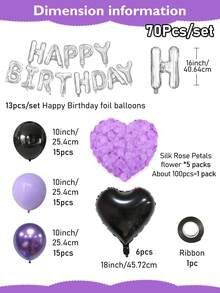 18-70pcs Women's Purple Birthday Decoration Set - Designed For Women's Birthday Celebrations, Silver "Happy Birthday" Banner, Black Heart-Shaped Foil Balloons, Soft Purple Thick Latex Balloons, Perfect For Birthday Party Decor, Anniversary, Hotel Midnight Birthday Party, Holiday Gifts, Party Supplies, Essential For Party Decoration. - Multicolor - View 8