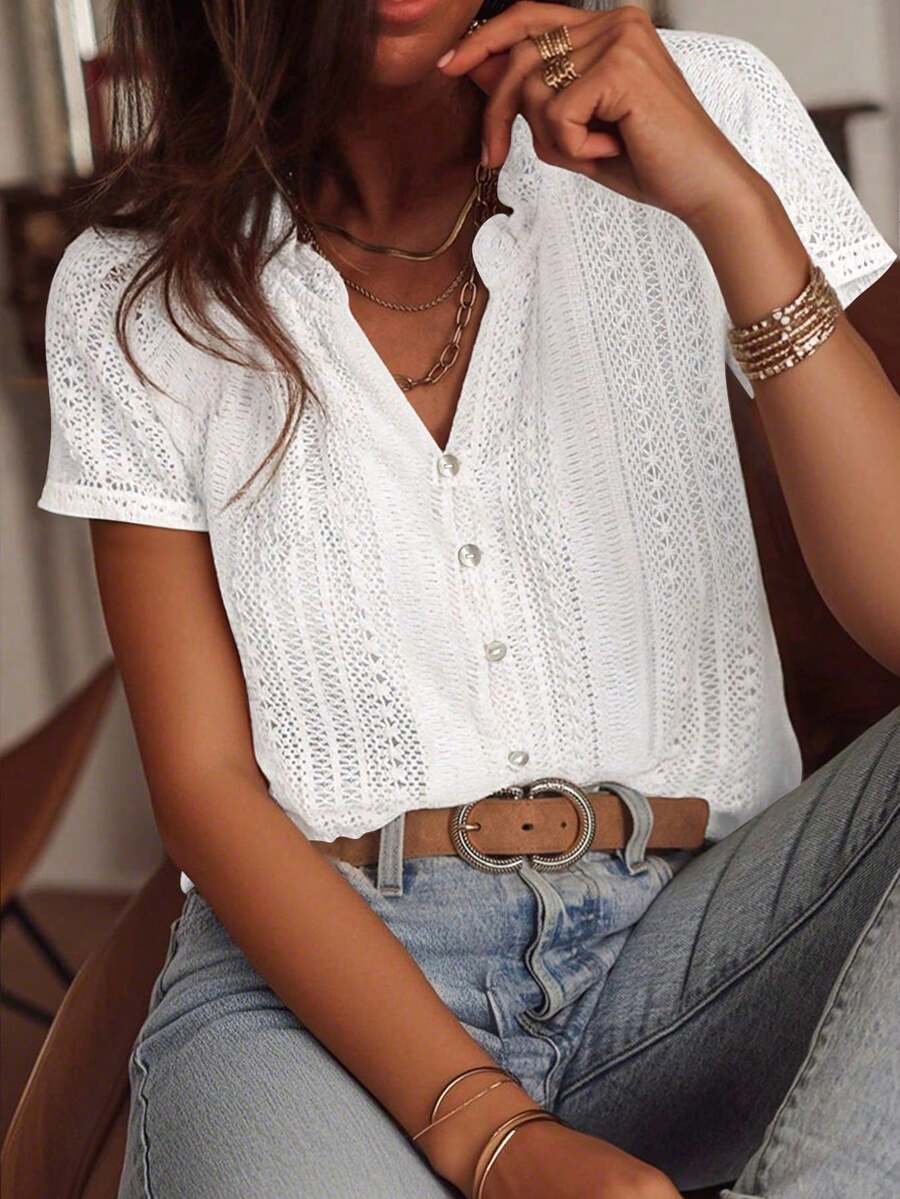 Áo sơ mi ngắn tay nữ, thiết kế thời trang, đa năng, dáng rộng, tôn dáng, màu trắng khoét lỗ - trắng - Xem 1