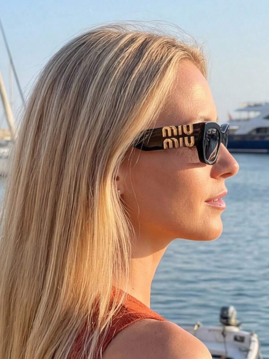 Miu Miu Black Oval Frame Gold Logo UV Protection Fashionable Women's Sunglasses, Summer Beach Style - Black - View 1