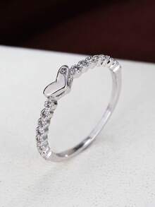 1 pieza Anillo de diamantes con pavé en forma de corazón delicado y pequeño, anillo de banda minimalista de lujo con microincrustaciones de circonita, adecuado para uso diario - anillo - Ver 9