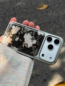 1 pieza Funda de teléfono con estampado floral de peonía blanca vintage elegante compatible con Apple 17, 16, Pro Max, 15, 14, 13, 12, 11, 17 ProMax, 16Pro, 15ProMax, 14Plus, con marco electrochapado y fondo negro estético - Negro - Ver 3