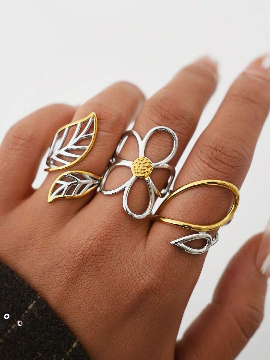 Frminee 3 piezas/1 pieza Anillos de acero inoxidable dorado con patrón floral y de hojas elegante y grueso, conjunto de anillos apilables, anillos de flores, anillos de nudillos para mujeres, joyería gruesa