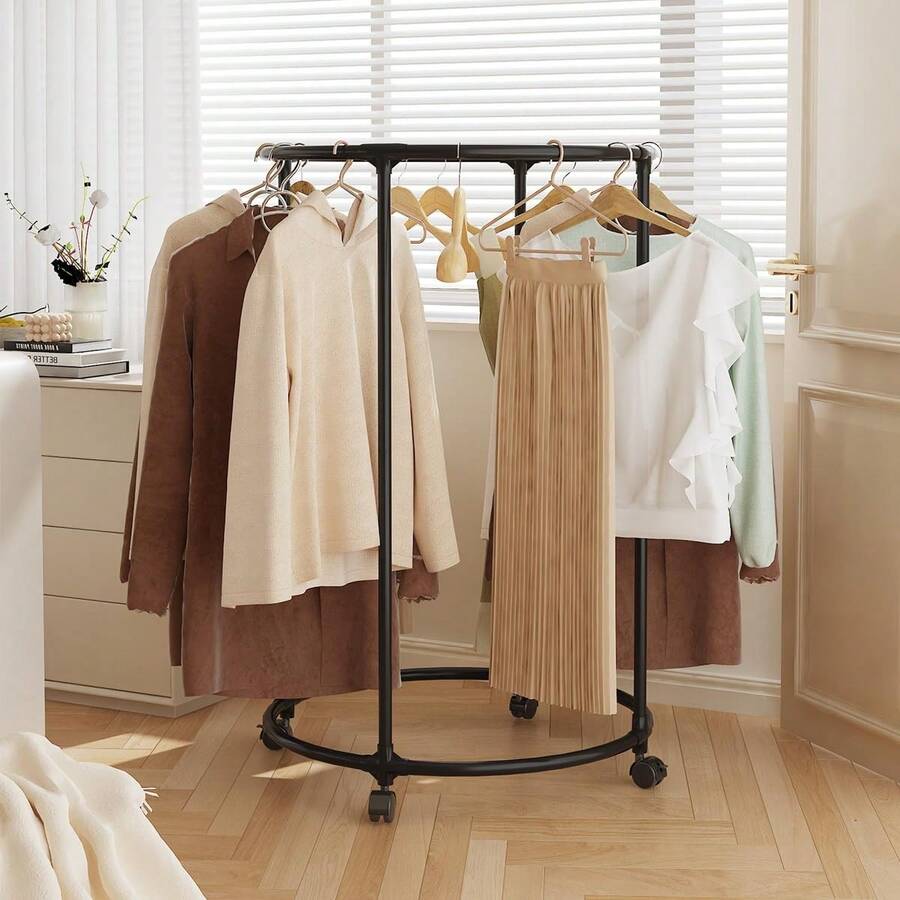 Tendedero para Ropa con Ruedas Metal Redondos, Multiusos Perchero Ideal para Secado en Interiores y Exteriores, Rack para Colgar Ropa, Uso minorista, para Armario, Balcón, Lavanderia - A-Negro - Ver 1