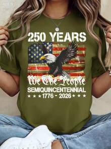 Women Loose 100% Cotton Graphic Tee, 250th American Independence Patriotic Print Top, Machine Washable Casual Outfit For 4th Of July Party Events - 軍綠色 - 查看 1
