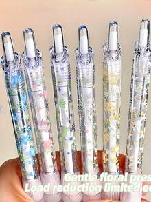 A Box Of 6 Retractable Gel Pens With Exquisite Floral Patterns, Transparent Casing, And Replaceable Refills. Suitable For School , First Day Of School - Multicolor - View 2