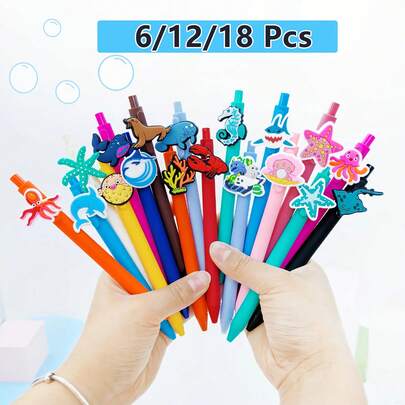1/6/12/18 Pcs Summer Beach Marine Animal Series Theme Ballpoint Pen Student, Underwater Animal World, Black Ink, Student Writing Gift Set