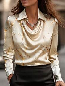 HODE Women's Formal Blouse, Geometric Elegant Daily High Collar Work Shirt, Pleated Design, Suitable For Spring, Autumn, Winter, Party, Available In Yellow, Red, Blue - Apricot - View 2