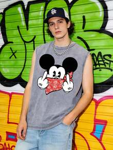 Disney Officially Licensed Mickey Mouse Bandana Graphic Vintage Washed 230g Sleeveless Tank Top, Unisex Loose Oversized Tee, Men Women Streetwear Summer Top - 灰色 - 查看 1