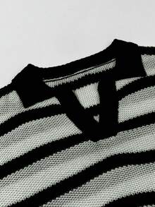 Unisex Loose Striped Casual Minimalist Business Commute Polo Collar Short Sleeve Knit Sweater Top, Suitable For Spring, Summer, Autumn - Grey - View 6