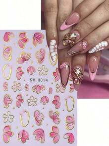 2 PCS Pink Flower Petal 3D Nail Stickers Elegant Flower Gold Line Geometry Designs Nail Art Decals Acrylic Nails Spring Self-Adhesive Manicure Decoration Supplies-Halloween,,Fall,Winter, Supplies, ME79Beach Holiday Ladies' Daily Dressing And Holiday - 多色 3 - 查看 8