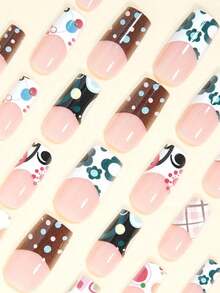 24pcs Medium Square Press-On Nails, Y2K Style Upgrade Your Manicure! Includes Soft Pink Striped, Cute Blue-Green Floral, Wide French Tip, Retro Elegant Solid Brown, Colorful Polka Dot, Asymmetric Round French Nail Stickers. Suitable For Women And Girls. Contains 1 Adhesive Sticker And 1 Mini Gel Sticker. Randomly Shipped. Nail Supplies - 多色 2 - 查看 4