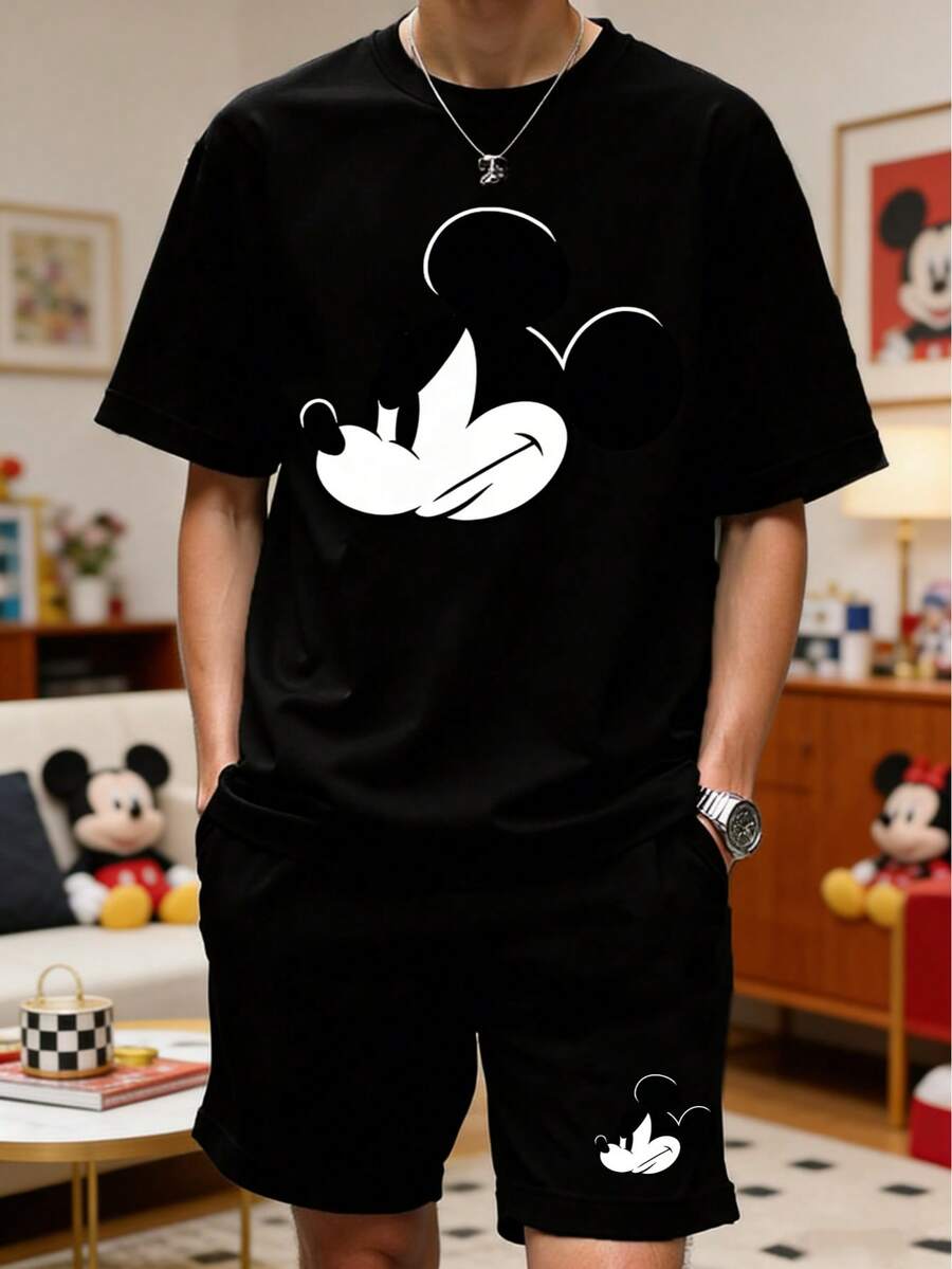 Disney Bộ đồ mặc nhà nam in họa tiết gồm 2 món, áo cổ tròn và quần short, thích hợp cho mùa xuân/hè. - màu đen - Xem 1