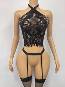Bộ đồ lót gợi cảm hai mảnh dành cho nữ, gồm áo cổ ngắn kiểu râu mềm mại và tất dây, tôn lên vẻ đẹp dịu dàng của đồ lót gợi cảm dành cho phụ nữ. - màu đen - Xem 3