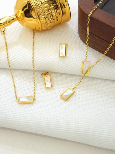 4 piezas Juego de joyería de acero inoxidable para mujeres - Elegante collar con colgante de concha, pulsera y juego de aretes, adecuado para vacaciones en la playa, Día de la Madre, graduación, regalo de cumpleaños