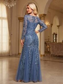 Vestido de fiesta de manga larga con lentejuelas estilo sirena, vestido de invitada formal para bodas, vestido elegante para ceremonia de graduación y banquete de primavera - Neblina azul - Ver 10