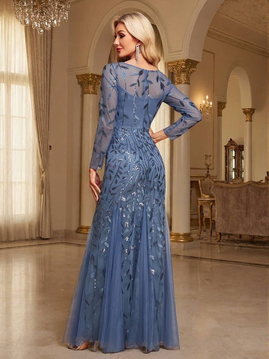 Elegante vestido de fiesta de sirena con mangas largas y lentejuelas, vestido de invitada de boda formal, vestido de ceremonia de graduación y banquete