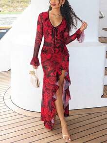 DOUCIU 2pcs Carp Print Sheer V-Neck Top And Long Ruffles Skirt Set Sexy Beach Vacation Sytle Outfit - Red - View 5