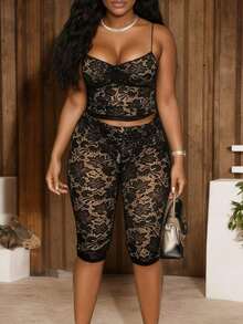 Women's Elegant Sheer Floral Lace Two Pieces Set With Spaghetti Strap Top And Shorts, Sexy Club Outfit Black - màu đen - Xem 8