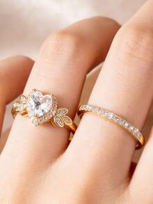 心形切割锆石订婚戒指套装，叶子造型可叠戴新娘结婚戒指，女士求婚戒指，承诺戒指，订婚戒指，永恒戒指 - 金色 - 查看 4