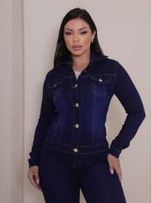 Women's Fashion Denim Jacket In Light And Dark Washes - 深藍色 - 查看 4