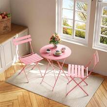 Juego de bistro plegable para exterior - 3 piezas con mesa y 2 sillas | marco de metal premium para balcón - Rosa - Ver 9