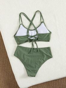 Women's Crossback Solid Color Bikini Set, 2 Pieces Swimwear For Summer Beach Vacation - Army Green - View 2