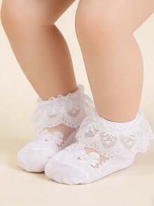3双装幼儿轻薄透气蕾丝水晶丝绸短袜，夏季 - 白色 - 查看 3