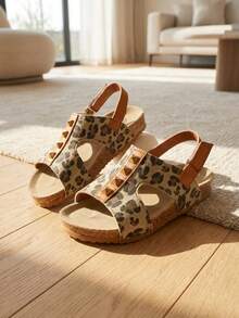 Popular Bestseller - 3-12 Year Old Leopard Print Stud Open-Toe Children's Sandals. Leather-Like Texture Leopard Print Pattern + Caramel Brown Leather Trim. Metal Studs Embellishment. Adjustable Back With Hook And Loop. Soft Wood Midsole With Anti-Slip Rubber Sole. American Street Retro Style. Daily Versatile. Spring/Summer Outerwear Sandals! - Camel - View 1