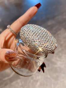 1pc Transparent Glass Storage Jar With Artificial Rhinestone Decor, Elegant Sealed Jewelry & Small Items Container, Ideal Travel & Gift Choice - Silver - View 8