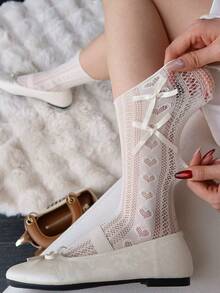 女士蝴蝶结袜一双，薄蕾丝花边心形芭蕾舞袜，蕾丝荷叶边装饰薄网镂空中筒袜，白色，透气，百搭，适合秋季，薄透明性感丝袜，新品上市，适合所有季节 - 彩色 - 查看 4