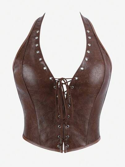 빈티지 브라운 엠보싱 캐미솔 크롭 탑, 서양 카우걸 스타일 허리 코르셋