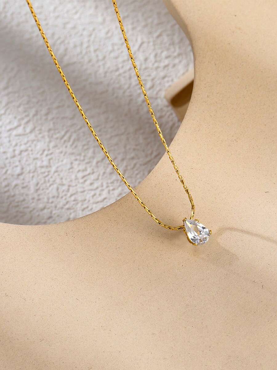 1件梨形单钻钛钢镀金极简时尚锁骨链，小众设计 - 鑲鑽水滴項鍊 - 查看 1