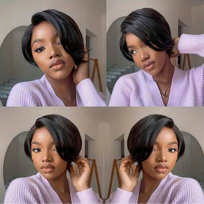 蕾丝前假发，精灵短发假发，真人发假发，适合，8英寸无胶波波头假发，13*4*1 T型分缝蕾丝前额短款层次精灵短发直发真人发假发，自然黑色，1B33色短款精灵短发假发，带刘海，侧分精灵短发假发，适合日常佩戴