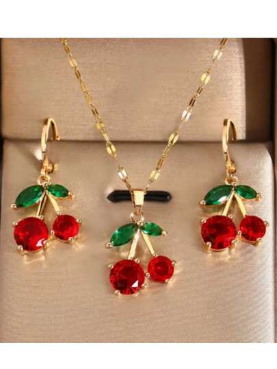 1 Set de collar y aretes de estilo lindo para niñas, diseño exquisito de cereza roja, accesorios de joyería de moda elegante y lujosa, adecuado para regalo, uso diario, fiesta, celebración de vacaciones, regalo de cumpleaños ideal