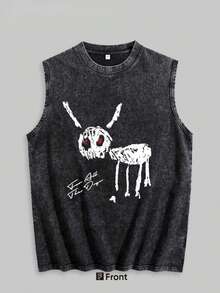 WASHED PURE COTTON VEST MEN'S VEST Retro Streetwear Style Vintage Music Album Artwork Design Casual Wear For Young Adults And Fashion Enthusiasts With Bold Graphic Print Inspired By 90s Pop Culture And Classic Rhythm And Blues Artists - 黑色6 - 查看 2