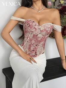 Vexica 女士时尚抹胸露脐上衣，采用露肩领口和不对称常规长度无袖设计，饰有精致的撞色蕾丝细节，优雅女士衬衫，白色适合新年装扮，粉色上衣，圣诞节 - 粉色 - 查看 7