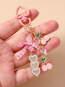 1pc Fruit Bow Keychain, Cherry Heart Keyring, Girl Bag Charm - Multicolor - View 3