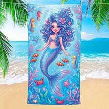 1条可爱卡通美人鱼沙滩巾，超柔软超细纤维特大号沙滩毯，超强吸水浴巾，适合旅行、游泳池、潜水、冲浪、瑜伽、露营等场合，多种尺寸可选，沙滩、泳池、旅行、露营、瑜伽必备用品 - E - 查看 2