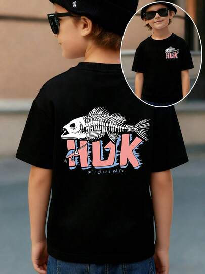 Short-Sleeved T-Shirts For Young Boys In The School Season, Short-Sleeved T-Shirts For Boys With Fish Skeleton & HUK Fishing Graphic Patterns Printed On, T-Shirts For Leisure And Comfort With Round Neck, Breathable And Light, Suitable For Sports And Leisure Wear, Short-Sleeved T-Shirts For Spring And Summer, Suitable For Travel And Daily Wear, The Same For Boys And Girls.