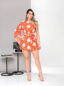 Women's Elegant Printed One-Shoulder Short Jumpsuit With Belt | 3/4 Sleeve Flare Casual Chic - 橘色 - 查看 2