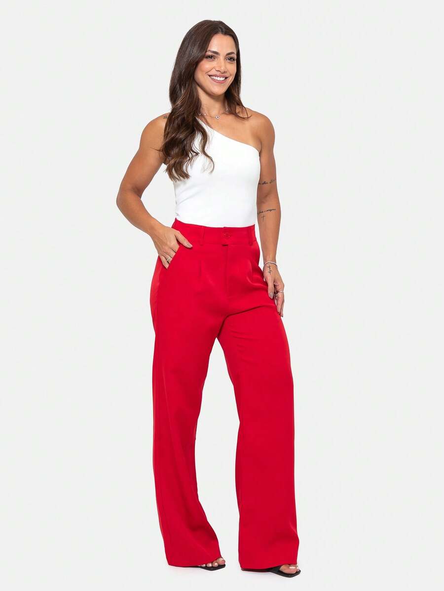 Simple, Elegant, Casual Polyester Pants With Zipper, Pocket, And Button Closure For Everyday Wear. - Rojo - View 1