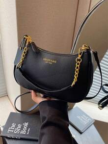 This Fashionable, Classic And Versatile Letter Graphic Design Solid Color PU Waterproof Material Crescent-Shaped Shoulder/Underarm Bag Is Suitable For Shopping And Can Be Worn Crossbody. - 黑色 - 查看 5