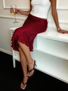 Women's Vintage Burgundy Satin Mermaid Skirt, Double Ruffle Hem Low Waist Bodycon Midi Skirt Summer - Red - View 5