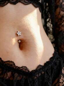 1 pieza Anillo de ombligo de acero inoxidable reversible, joyería de perforación linda para uso diario - Flor de tallo invertido - Ver 2