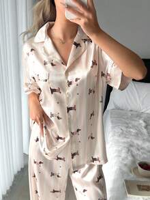 2pcs/Set Summer Happy Dog Print Polo Collar Short Sleeve Top And Pants Women Pajama Set - Apricot - View 4