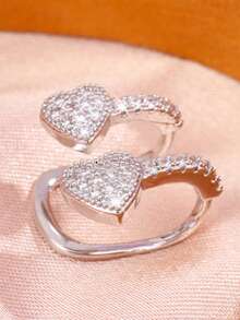 1pc Elegant Rhinestone Embellished Double-Layer Heart Design Clip-On Earrings For Women - Silver 1 - View 3