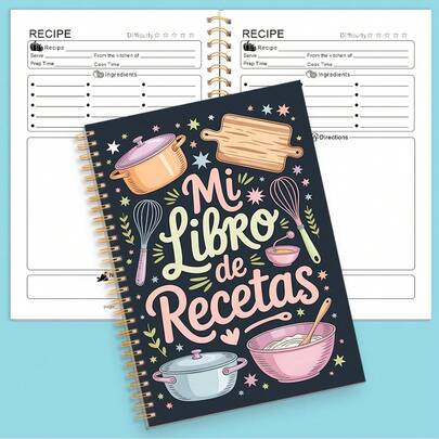 Cuaderno de recetas tamaño A5, con espiral, libro de recetas de cocina elegante, adecuado para hornear, cocinar, planificar comidas, excelente para chefs en el hogar, hispanohablantes y amantes de la comida, organizador de recetas de papel resistente, diario de repostería, diseño divertido, encuadernación resistente, diario de cocina, entusiastas de la repostería, libro de recetas, cuaderno, material de aprendizaje, diario