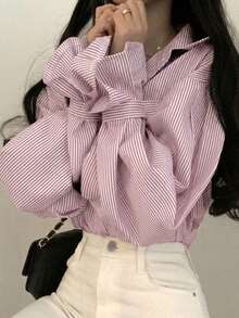 Blusa/camisa de manga larga holgada con botones y cuello único a rayas, de estilo casual, color rosa, para primavera - Rosa - Ver 4