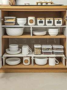 [Popular Choice] 1pc/2pcs/Expandable Kitchen Organizer Rack, Plastic Countertop Cabinet Organizer With Adjustable Divider Shelves For Spices And Cookware Storage, No Assembly Required, Tiered Shelf, Utensil Rack - Multicolor - View 4