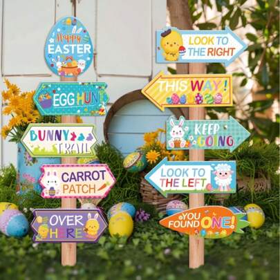 [Cute Directional Arrow] Easter Egg Hunt Signs | 2pcs | Outdoor | Directional Arrow Signs | Photo Backdrop | Easter Hunt Game Party Supplies | Lawn Decoration